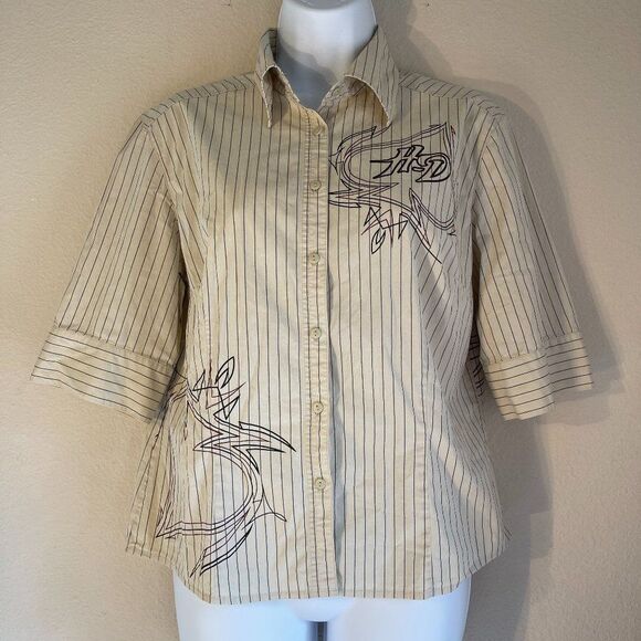 Harley Davidson Spade Pinstripe Shirt Three Quarter Sleeve 2005 Large Vintage - Picture 1 of 7